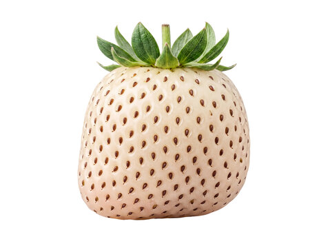 Fresh pineberry fruit, a distinctive white strawberry with dark brown seeds and green crown.