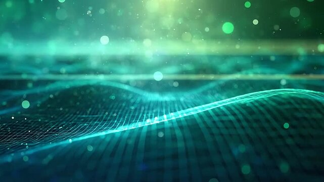 Abstract digital landscape with glowing blue wireframe waves and bokeh light particles