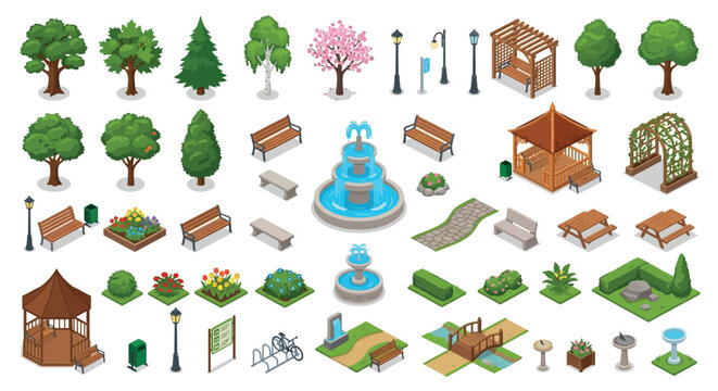 Isometric Park Elements Vector Illustration With Trees Benches And Structures