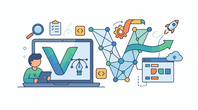A cartoon man works on a laptop with a large 'V' on the screen, surrounded by coding and design symbols