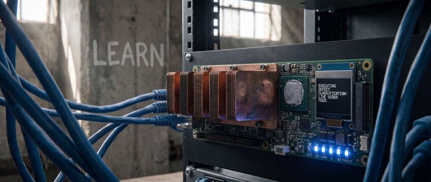Embedded system circuit board processor running defect classification software with Ethernet cables connected to server rack in industrial workshop background representing machine learning technology.