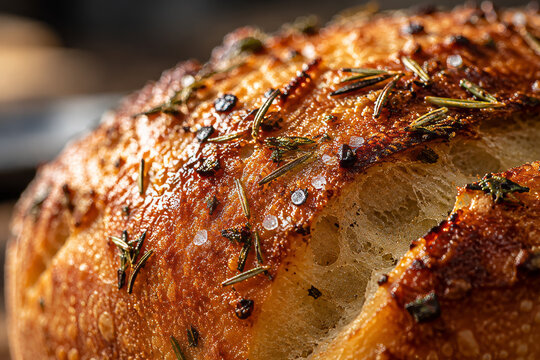 Buttery crust with herb flecks (rosemary, thyme, parsley) and cracked black pepper, tiny streaks of pan jus shining in the crevices