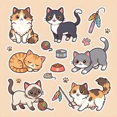 Fototapeta premium Cute kitty cat sticker set vector illustration with various breeds and accessories.