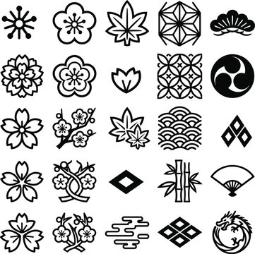 Traditional Japanese icons set, 25 black and white vector floral and geometric motifs, oriental cultural symbols for branding and pattern design
