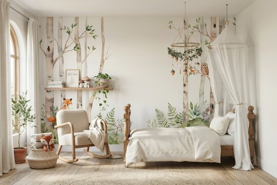Nursery room interior with a wooden rocking chair, a small bed with a canopy, and wall decals of forest animals and birch trees on the wall