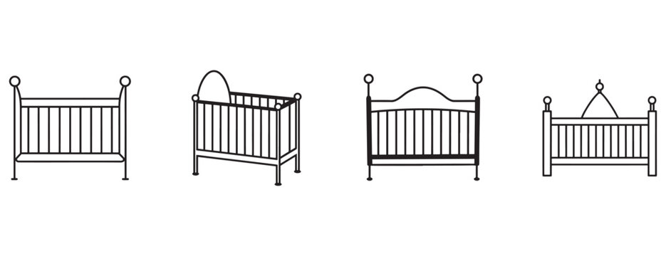 baby crib designs in black and white line art isolated on transparent background  various styles and angles of cribs for nursery furniture