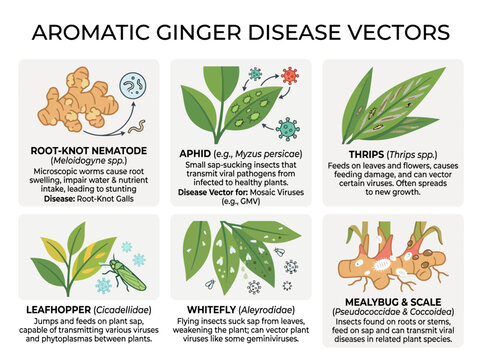 Ginger plant disease vectors infographic showing common insect pests like aphids thrips whiteflies and nematodes damaging aromatic root vegetable crops