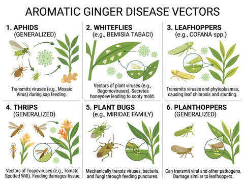 Ginger disease vectors infographic showing common agricultural pests like aphids and whiteflies transmitting plant viruses on green aromatic ginger leaves