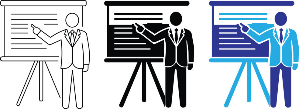 Business presentation icon set with businessman and projector screen corporate speaker training and seminar vector symbols