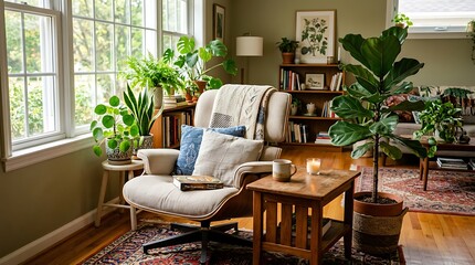 Fototapeta premium Cozy living room with plants and furniture.