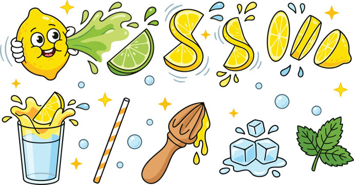 Fresh lemonade ingredients vector set featuring cute lemon character juice splash lime glass straw squeezer reamer twisted slices ice cubes and mint leaf.