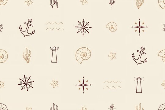 Nautical themed seamless pattern with of anchors, ship wheels, lighthouses, seashells, and compasses on a light beige grid background