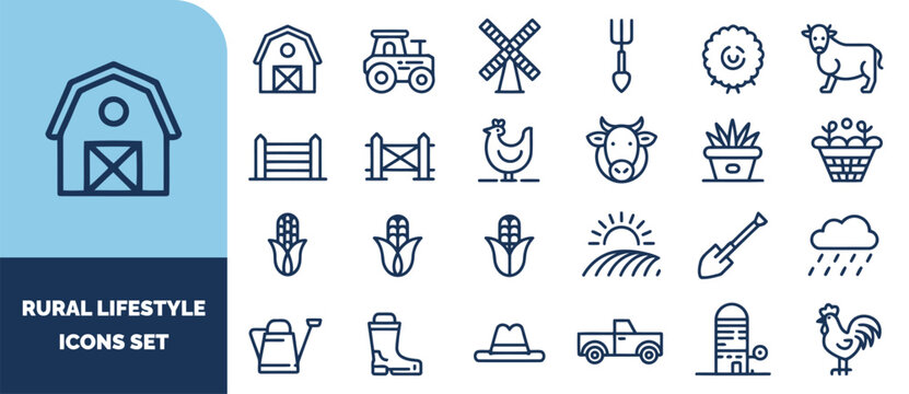 Rural lifestyle set featuring farm animals, agricultural machinery, crops, and farming tools in dark blue outline style