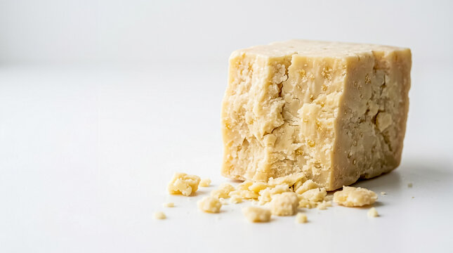 A block of aged Parmesan cheese with some crumbled pieces scattered around on a plain background.