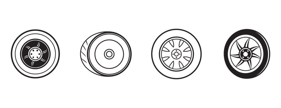 car wheel designs in black and white illustrations with variations in rim and tire styles
