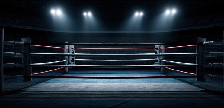 Empty professional boxing ring in dark arena with spotlights