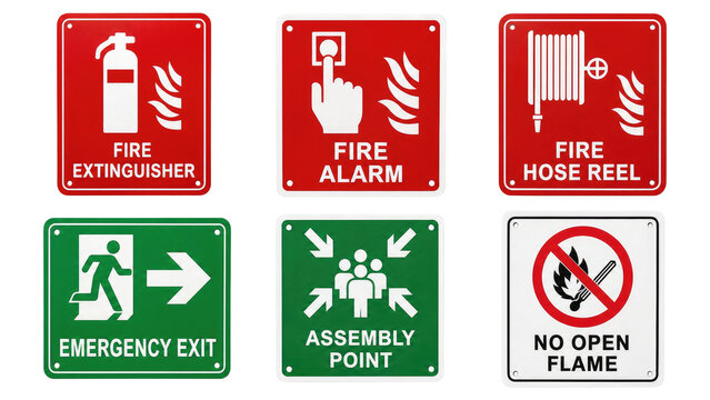 Collection of six safety and fire signage panels showing fire extinguisher, fire alarm, fire hose reel, emergency exit arrow, assembly point and no open flame symbols