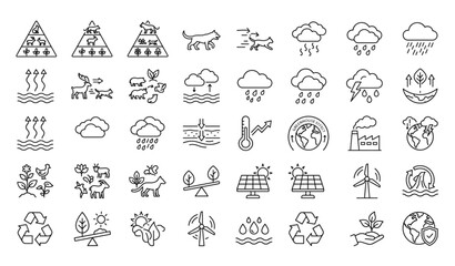 Obraz premium Ecosystem Thin Line Icons Set with Food Chain Water Cycle and Global Warming Symbols Vector Illustration
