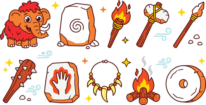 Cute prehistoric stone age vector icon set featuring cartoon baby mammoth torch fire stone axe spear spiked club cave painting necklace and wheel.