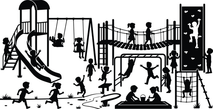 Kids Playing on Playground Silhouette Set with Children on Slide Swings Jungle Gym Monkey Bars Climbing Wall and Sandbox Vector IllustrationKids Playing on Playground Silhouette Set with Children on S