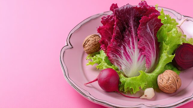 Fresh radicchio leaves with green lettuce whole walnuts and red beetroot on a vintage pink plate against a pink background
