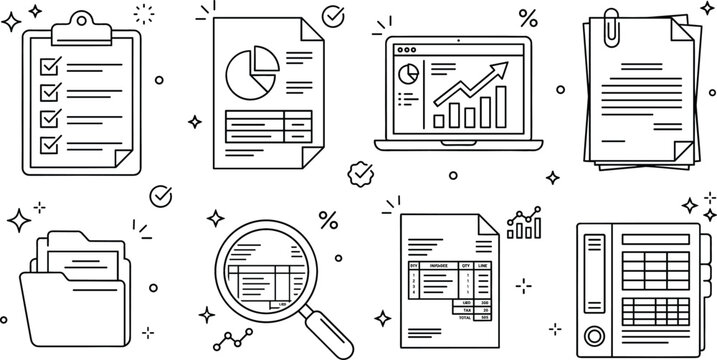 Accounting audit and financial report line icon set featuring clipboard checklist laptop dashboard magnifying glass invoice folder vector