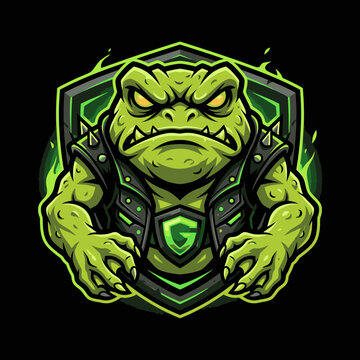 Armored toad warrior mascot in shield crest