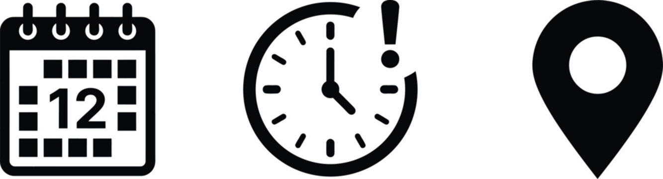 Set of black icons showing a calendar date clock time and map location pin marker symbol