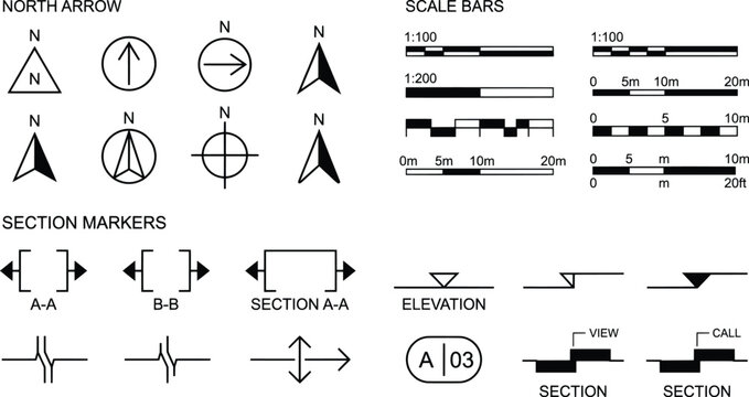 Architectural symbols set with north arrows, scale bars and section markers, black and white technical drawing elements, EPS vector icons for blueprints