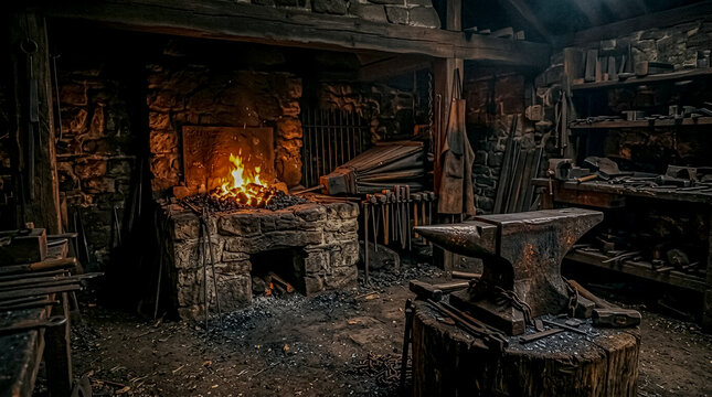 Vintage blacksmith workshop featuring a blazing forge, anvil, and traditional tools in a rustic, dimly lit setting.