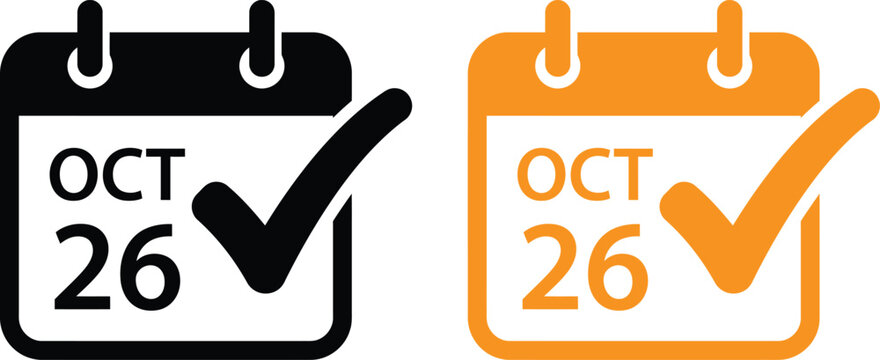Black and orange calendar icons with a check mark for october 26 date