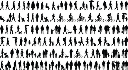 Crowd of people silhouettes set, diverse pedestrian walking and cycling figures, black human shapes for architectural visualization and urban planning