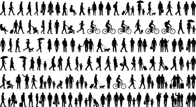 Crowd of people silhouettes set, diverse pedestrian walking and cycling figures, black human shapes for architectural visualization and urban planning