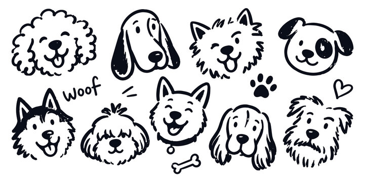 Dog Faces Doodle Set Vector Illustration