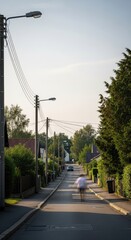 Fototapeta premium Quiet street with trees and a person walking.