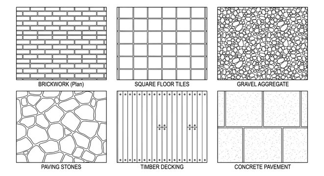 Architectural floor texture set with 6 CAD hatch patterns. Brickwork, square tiles, gravel aggregate, paving stones, timber decking, and concrete pavement line art.