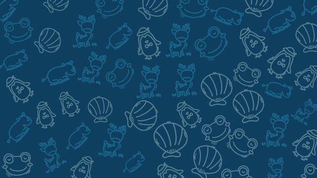 Blue sea creatures drawn in white line art. Seashells, frogs, and small fish scattered across the background. Pattern repeats evenly, creating a playful, endless design