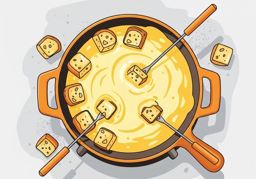 Illustration of fondue pot with bread cubes and forks