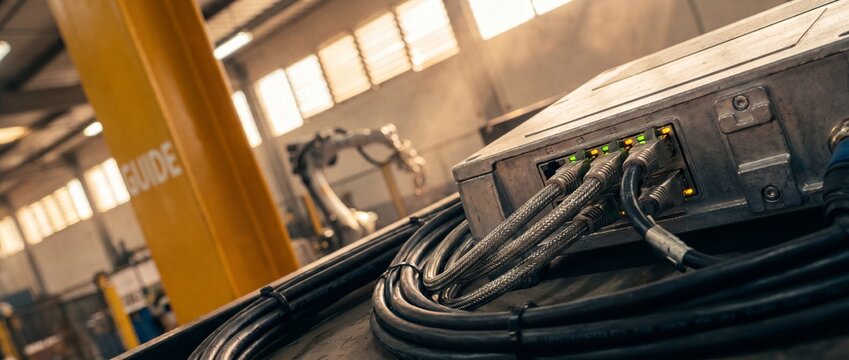 Industrial ethernet switch network cables connected to control unit in automated smart factory for modern manufacturing industry and high tech robotics automation system connectivity and integrations