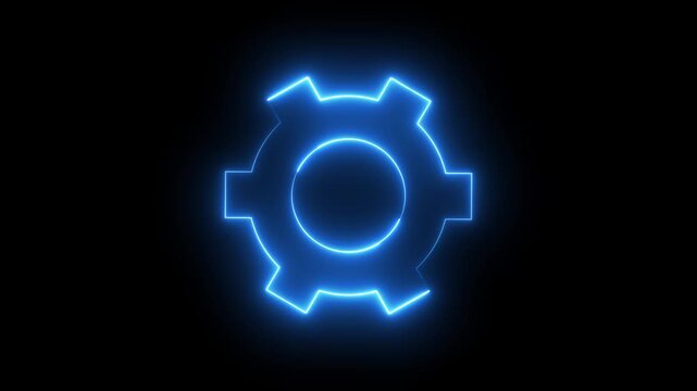 Glowing neon blue color setting sign icon animation circle cogwheel gear on black background