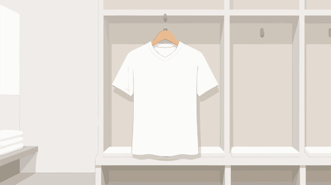 A flat vector illustration of a plain white sports team jersey hanging on a wooden hanger mounted on a wall inside a locker room setting, designed as a customizable template for sports apparel.