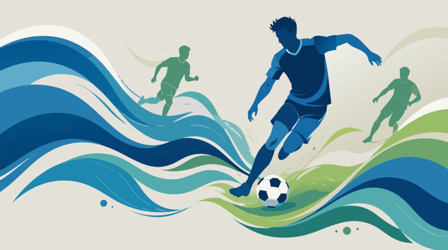 A flat vector illustration of a blue silhouetted soccer player dribbling a ball over flowing blue and green wave shapes with faded player silhouettes in the background, capturing the fluid energy of f