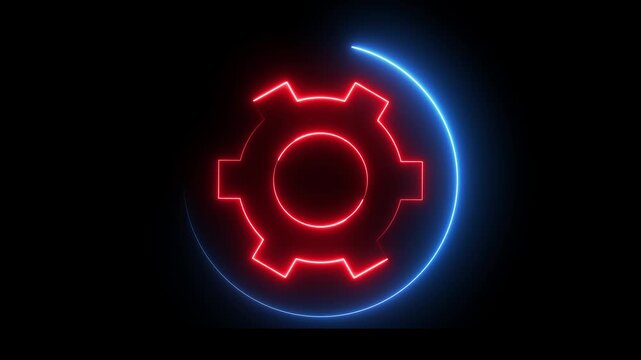 Glowing neon red and blue color setting sign icon animation circle cogwheel gear on black background