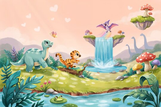 Magical prehistoric scene with a cute baby dinosaur, a tiger-striped creature, a waterfall, floating islands, and a frog on a lily pad pond