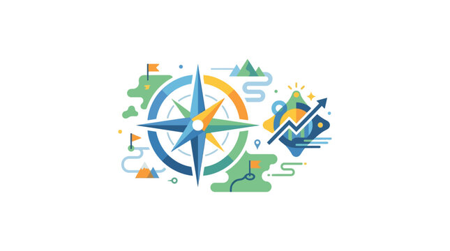 Business navigation compass with growth chart and map milestones symbolizing strategic direction flat design vector illustration