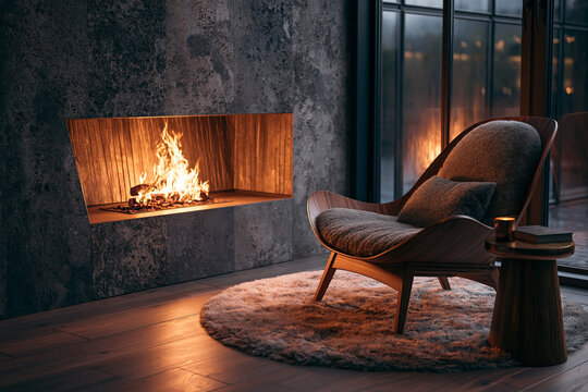 Fireplace corner with single armchair and rug, warm fire glow, minimal interior 