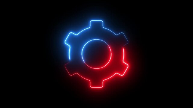 Glowing neon red and blue color setting sign icon animation circle cogwheel gear on black background
