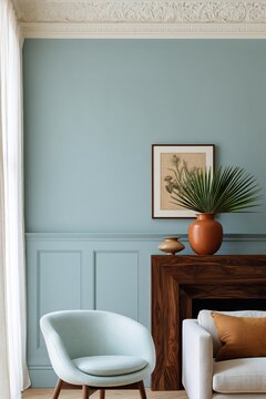 Living room corner featuring a light blue wall, dark walnut mantelpiece, decorative plant, framed artwork, and modern furniture in a stylish interior setting