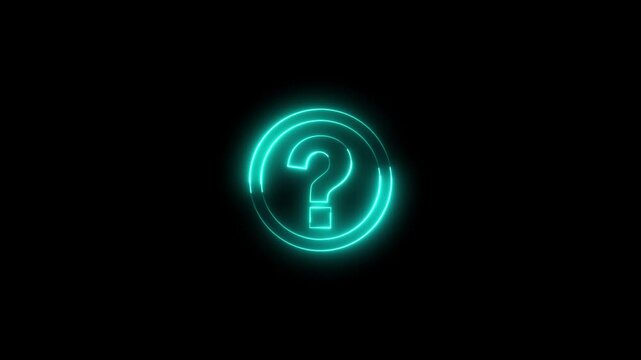 Glowing neon cyan color question mark sign icon animation quiz confusion mark punctuation interrogative sign education exam circle alphabet sign symbol on black background