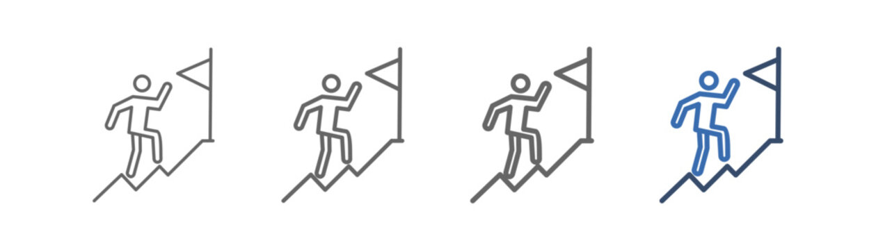
outline icon set success ladder with climbing person and flag design